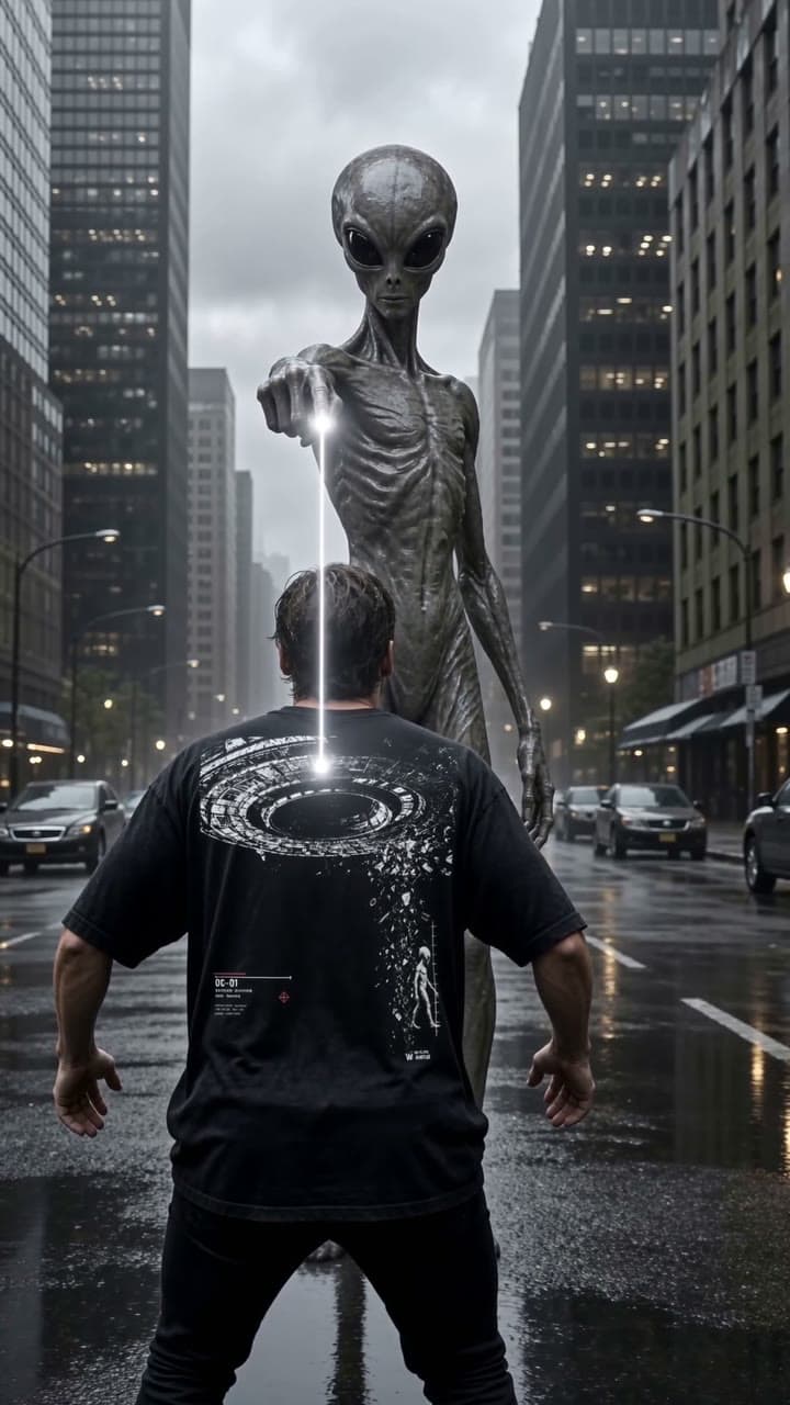A gray figure pointing toward a witness beneath a hovering craft