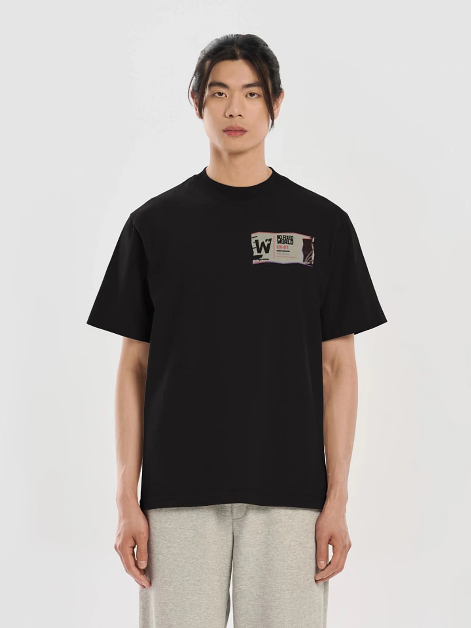 Digital on-body front preview of the Contact Negative heavyweight graphic tee