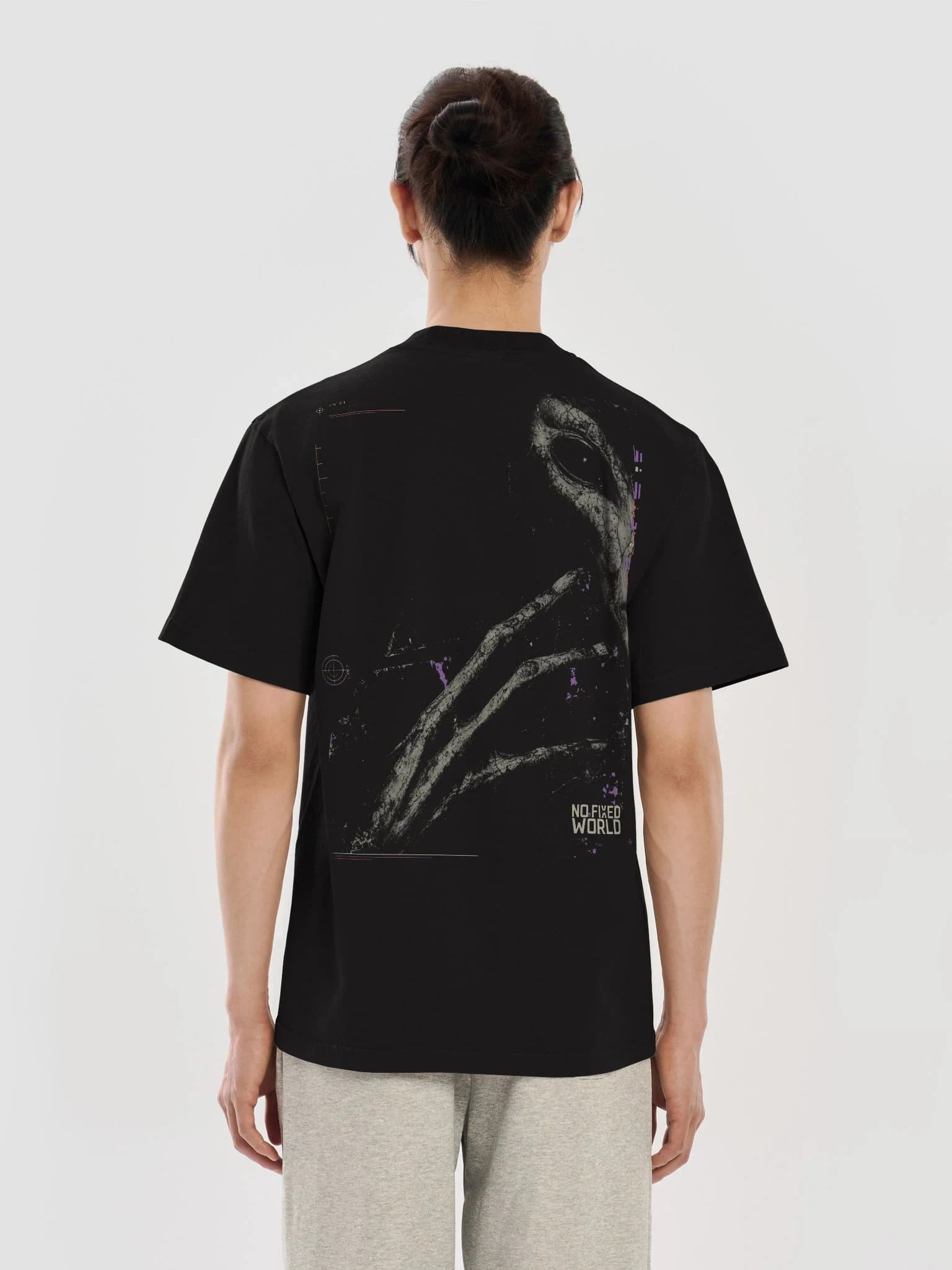 Digital on-body back preview of the Contact Negative heavyweight graphic tee