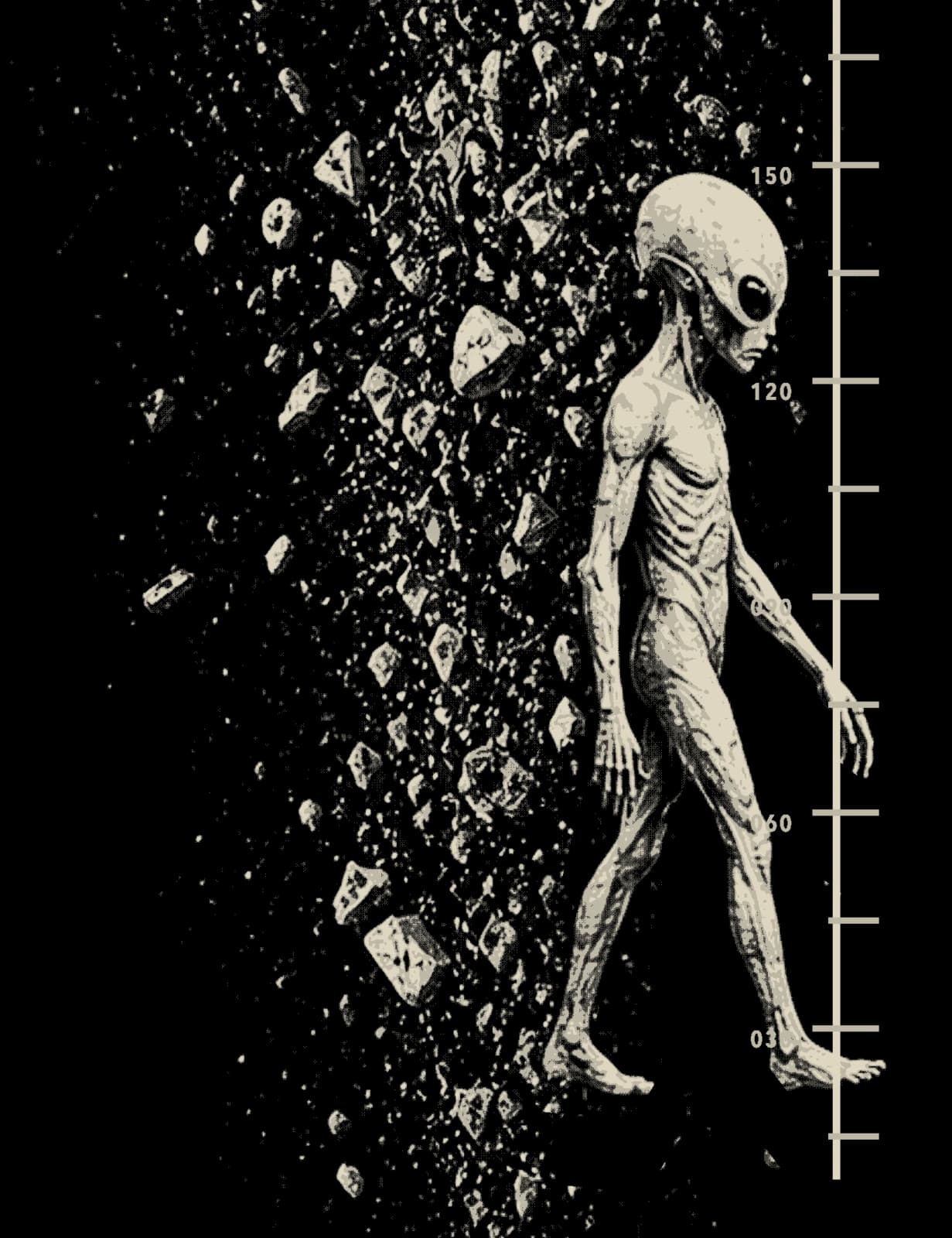Exact artwork detail of the gray figure and rising debris on the OC-01 back graphic