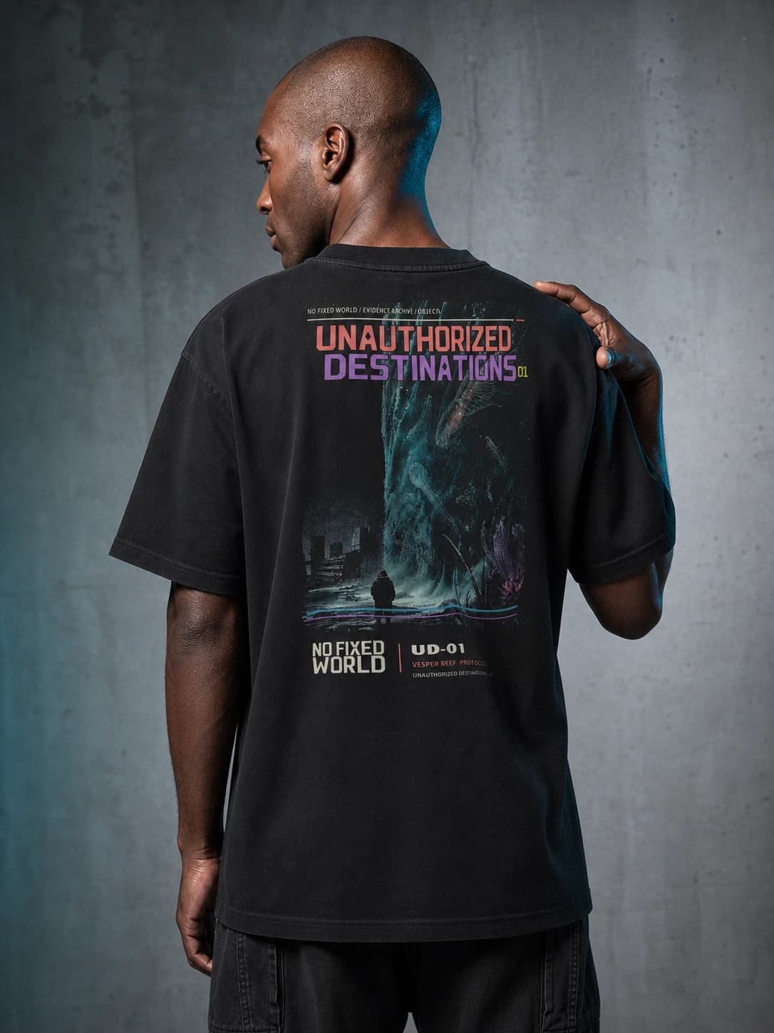 On-body digital preview showing the Unauthorized Destinations 01 back design