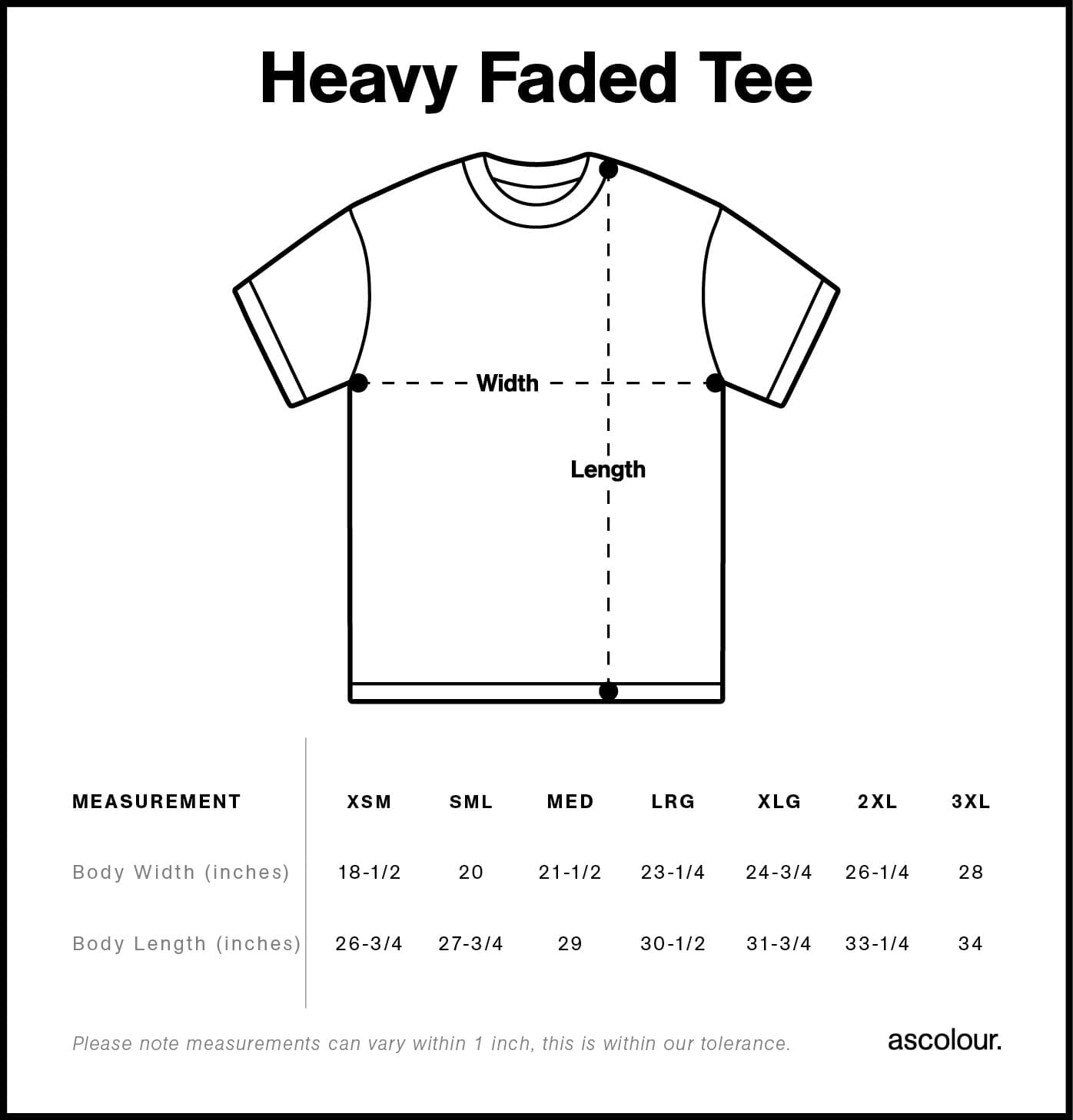AS Colour Heavy Faded Tee body width and length size chart