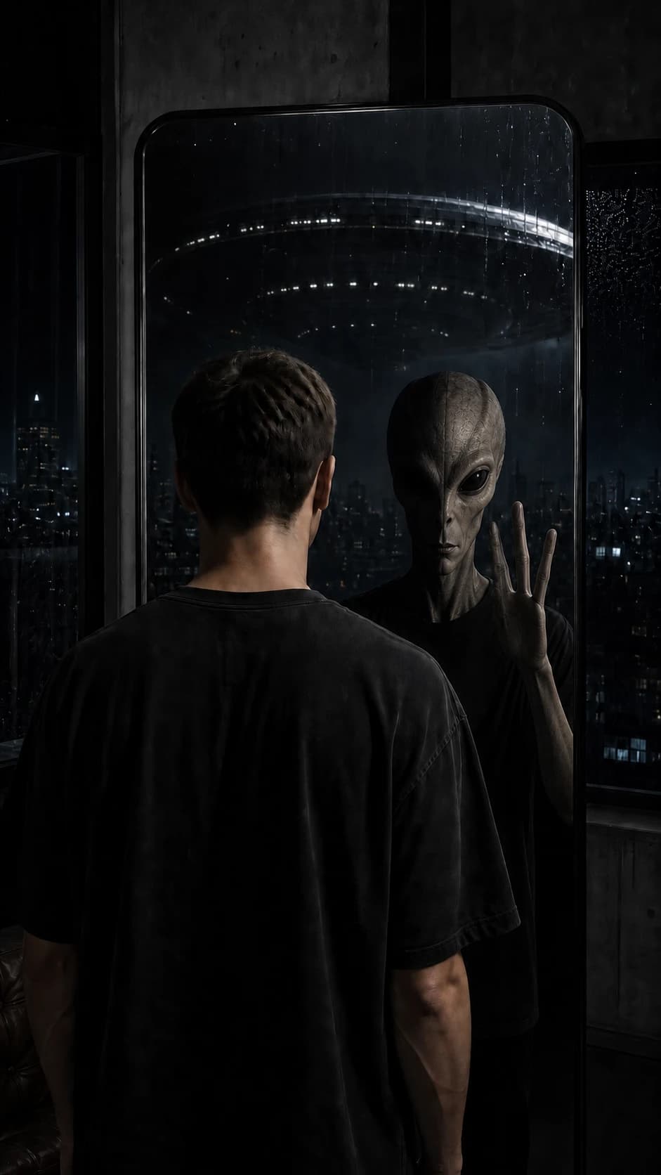 A witness facing a gray figure in a mirror beneath a hovering craft