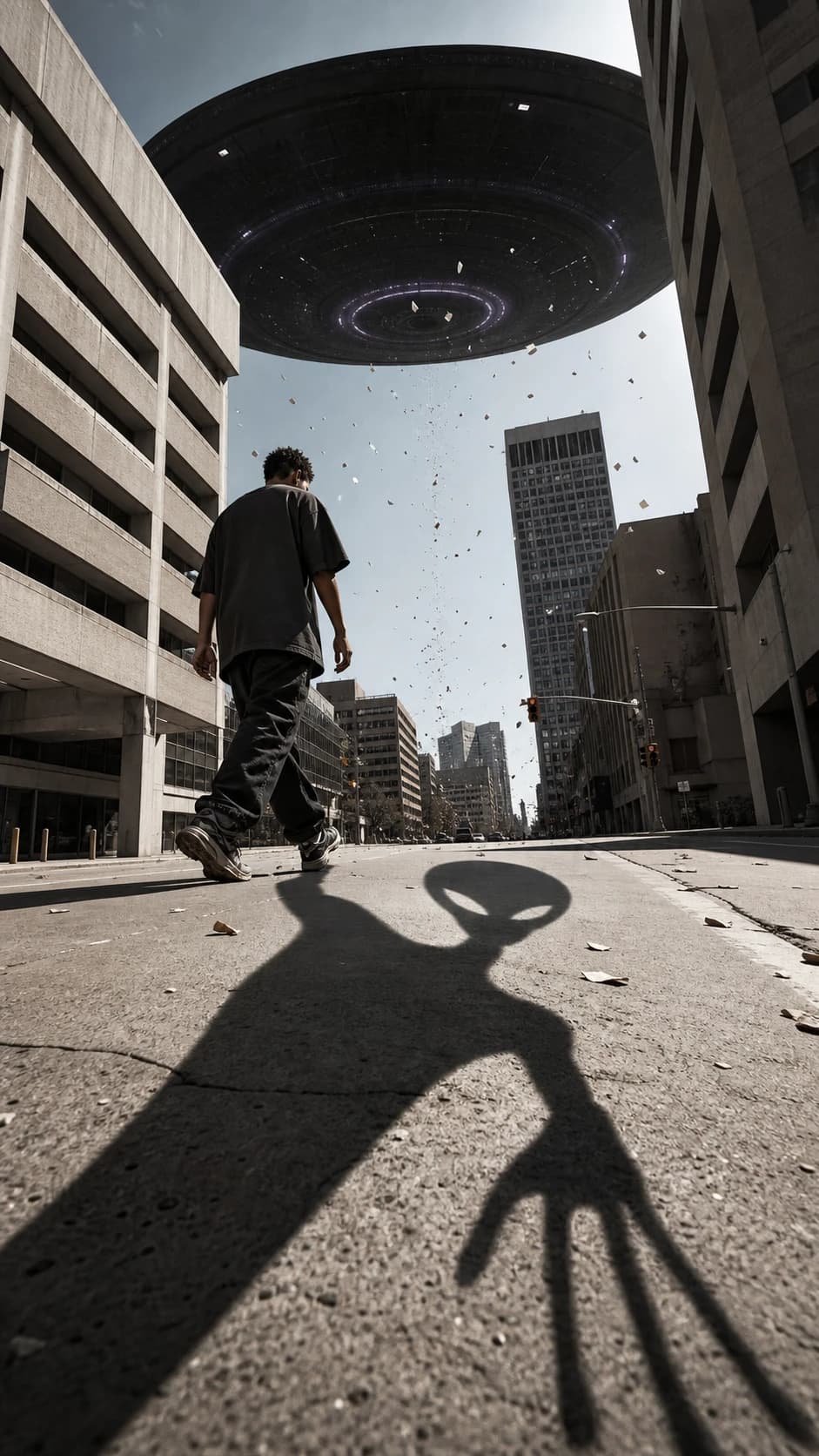 A person beneath a city-scale disc casting an alien-shaped shadow