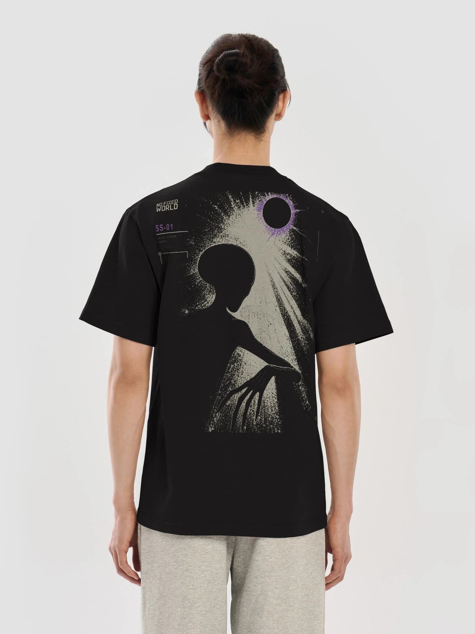 Digital on-body back preview of the Second Shadow heavyweight graphic tee